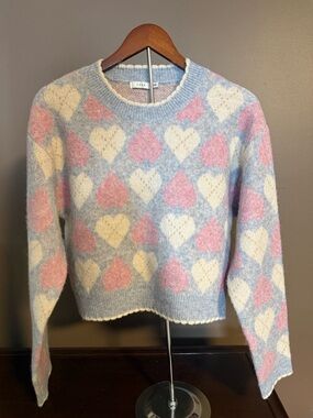 LUSH NWT Women’s Pastel Heart Crewneck Sweater - Blue, Pink & Cream